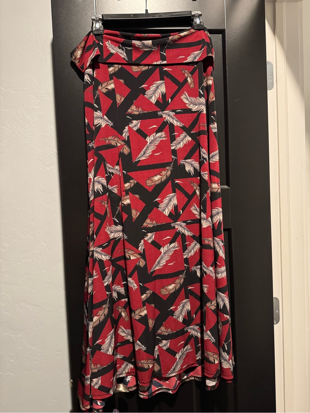 LuLaRoe Red and Black Feather-Print Maxi Skirt